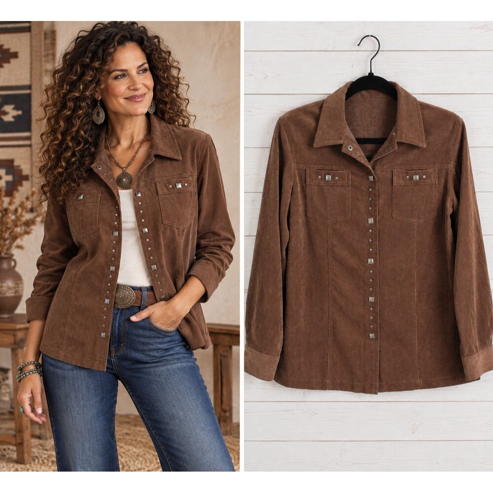 TanJay Corduroy Shirt Jacket Size 8 Studded Button Front Brown